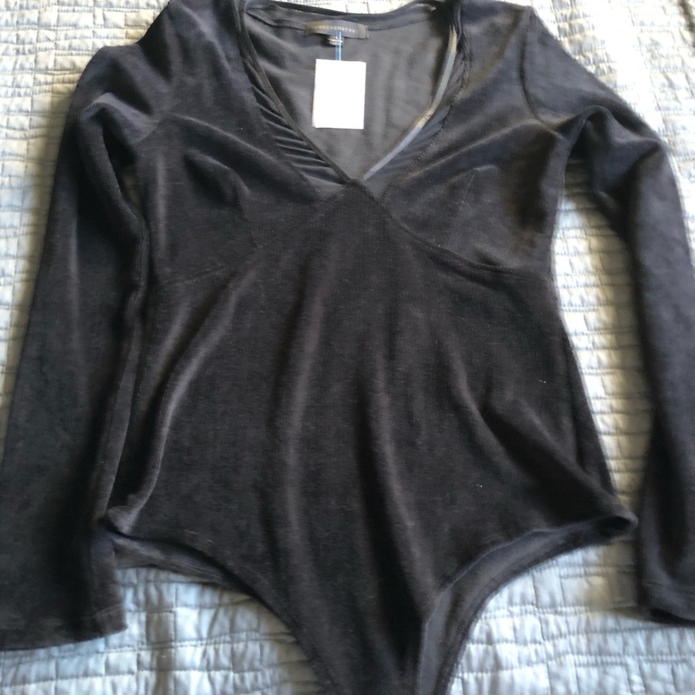 Dance & Marvel NWT black velveteen bodysuit with mesh detail & long sleeves